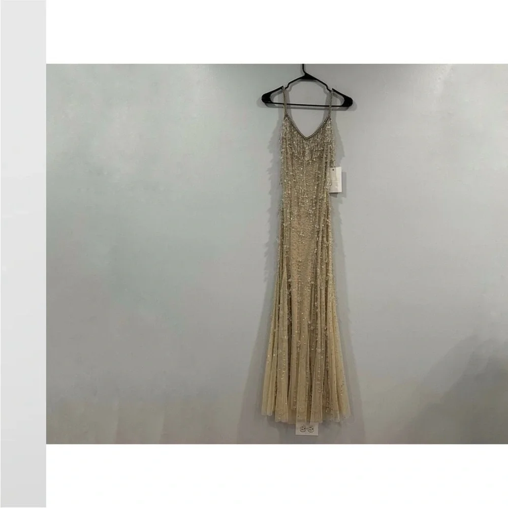 Mac Duggal 10101 Nude Silver V-Neck Column Gown with Fringe Embellishments Sz 0 - Picture 3 of 12